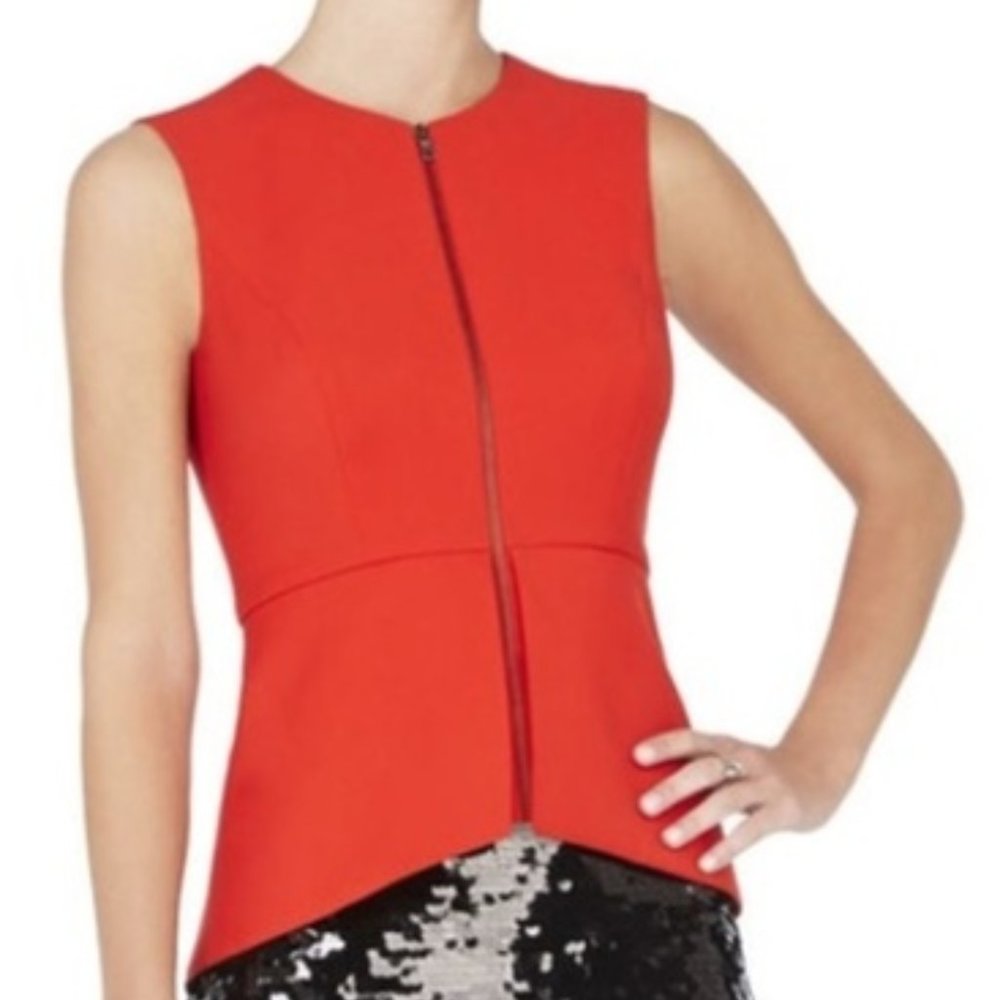 BCBGMaxazria Red Abrielle Sleeveless Peplum Top